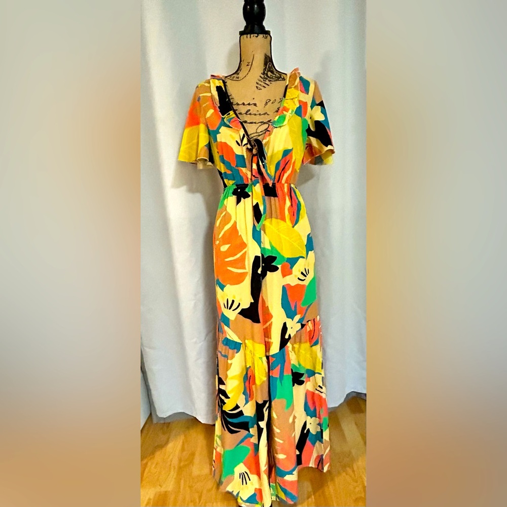 S. Berto Women’s Wide Leg Pants Floral Pattern Ruffled Sleeve Jumpsuit